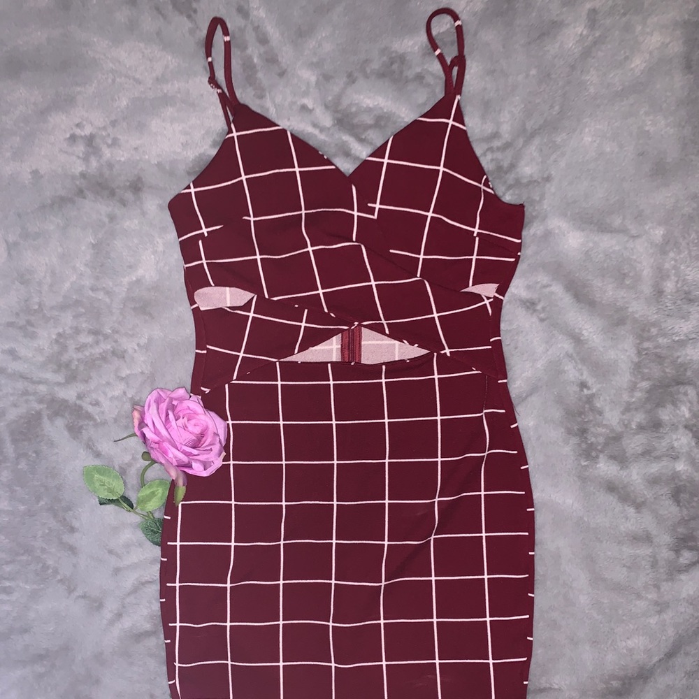 Burgundy crisscross wrap open midriff dress